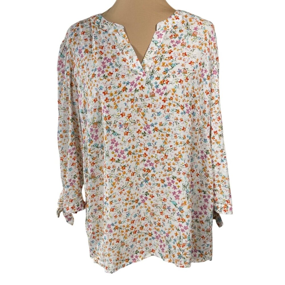 Jones & Co Ditsy Floral Blouse Top White Pink Teal Size 1X Long Sleeve